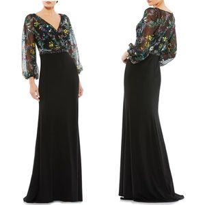 Mac Duggal Gown 79379 Embroidered Illusion Puff Sleeve Column Gown Size 8
